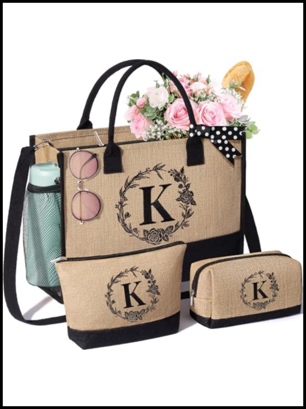 Personalized Monogrammed Jute Tote Bag with Makeup Bags